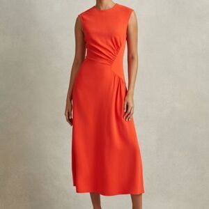 REISS STACEY RUCHED MIDI DRESS Orange Size 8 NWT